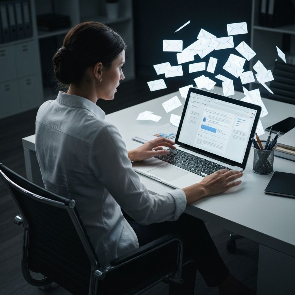Professional person overwhelmed by repetitive emails at computer desk